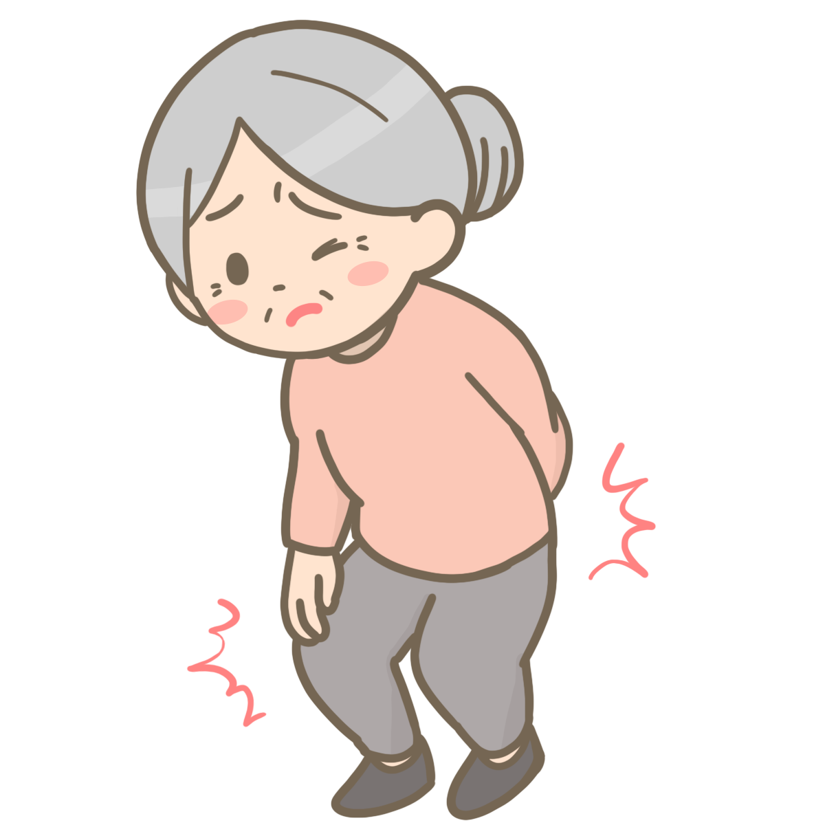 足腰が痛くて歩くのがつらい高齢女性のイラストです。