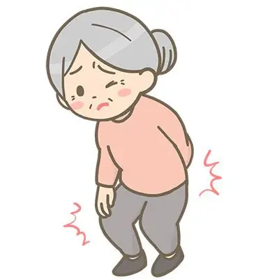 足腰の痛みで歩行が大変そうな高齢女性のイラストです。