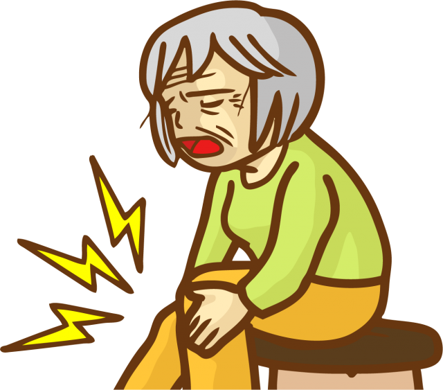 椅子に座り足の痛みを訴える高齢女性のイラストです。
