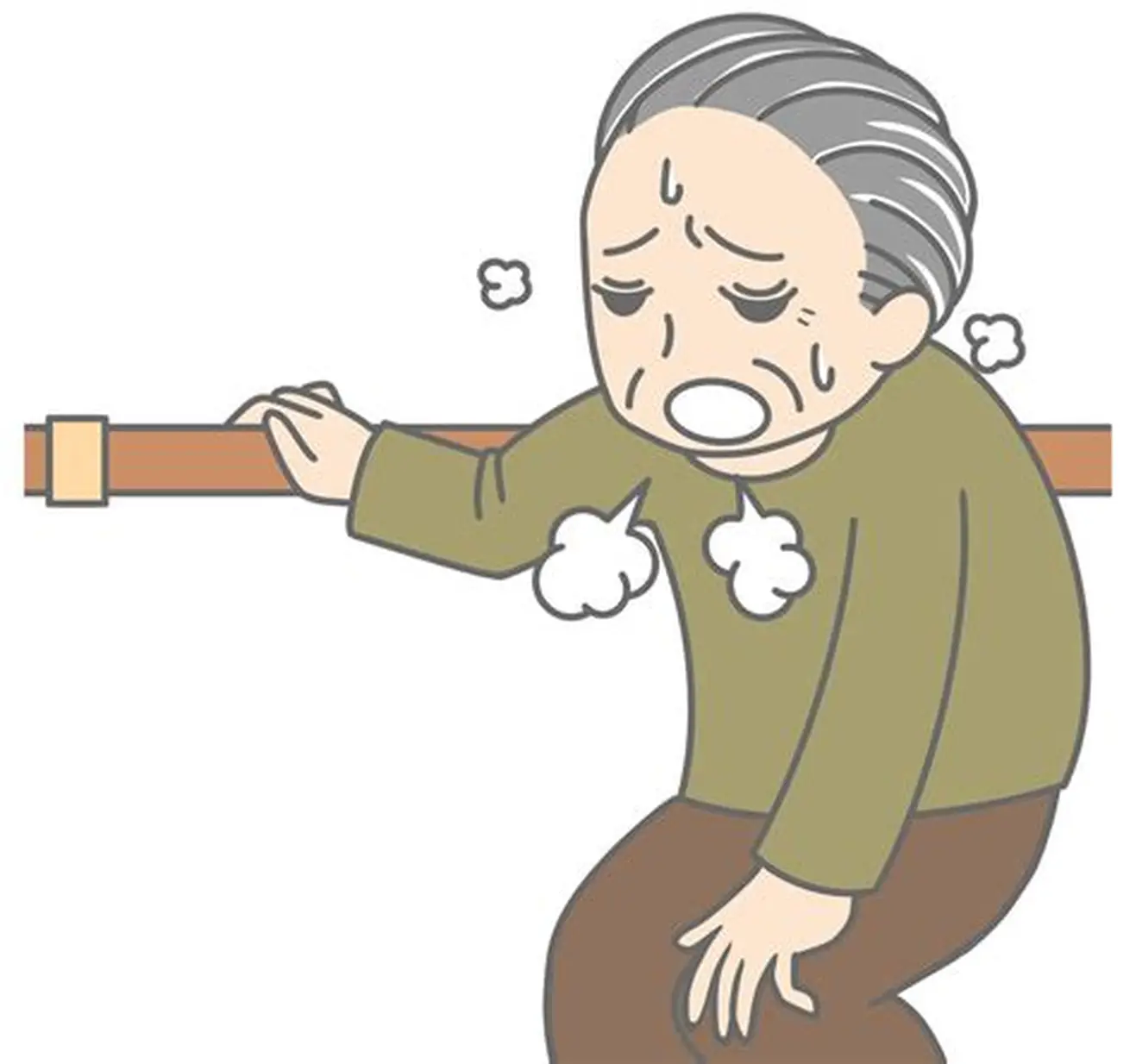 筋力体力がなく手すりにつかまり疲れている様子の高齢女性のイラストです。
