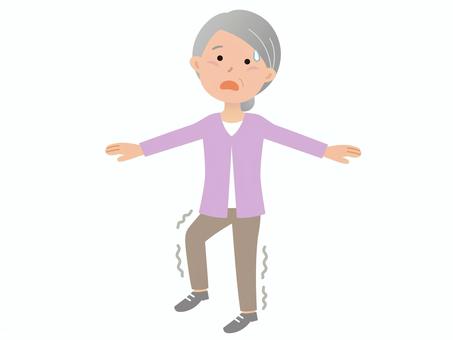 筋力低下で片足立ちが難しく、ふらついている高齢女性のイラストです。
