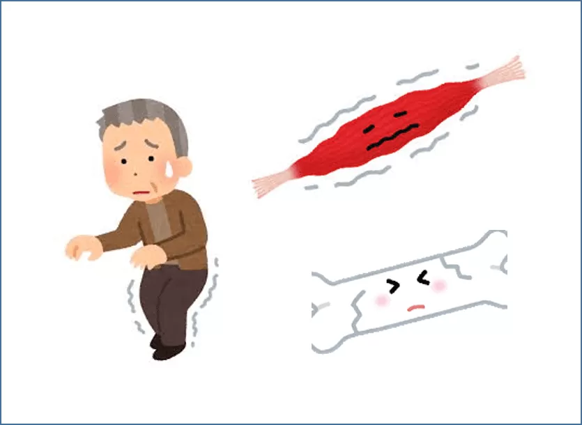 筋力・骨も弱くなっている高齢男性のイラストです。足が震えています。