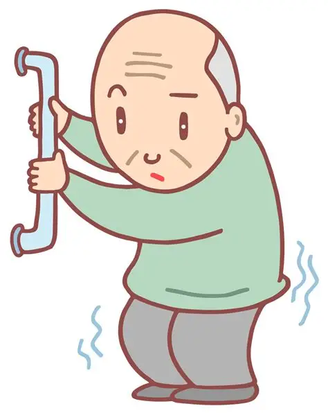 筋力が低下し手すりにつかまっていても立っているのが大変な高齢男性のイラストです。