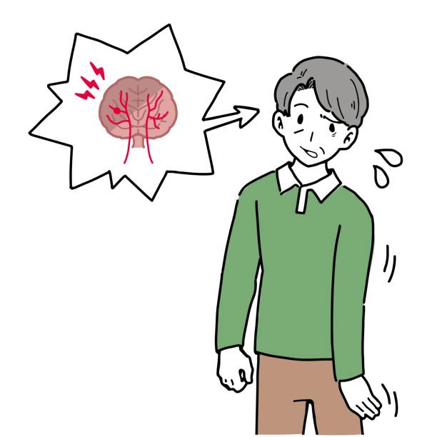 脳梗塞後遺症で体が思うように動かない高齢男性のイラストです。