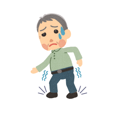 筋力低下でふらついて歩いている高齢男性。今にも転倒しそうないイラストです。