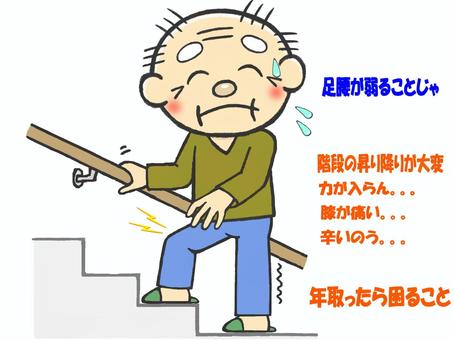 年を取ると足腰が弱る。階段の昇り降りが大変な高齢男性のイラストです。