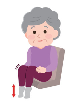 椅子に座って足首の上下運動をしている高齢女性のイラストです。