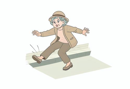 家の中で滑りやすい床で転倒しそうな高齢女性のイラストです。