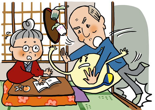 自宅で転倒しそうな高齢男性のイラストです。