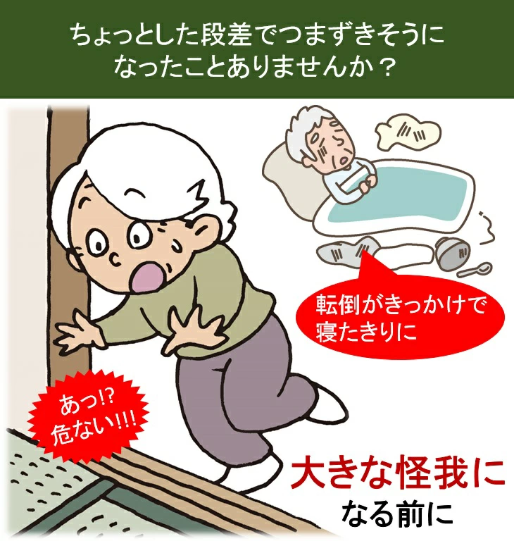 段差でつまずいている高齢女性と転倒がきっかけで寝たきりなっている高齢男性のイラストです。