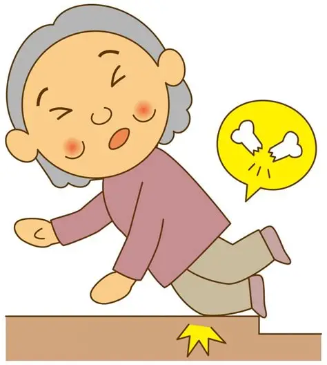 つまずいて転倒し、骨折してしまった高齢女性のイラストです。