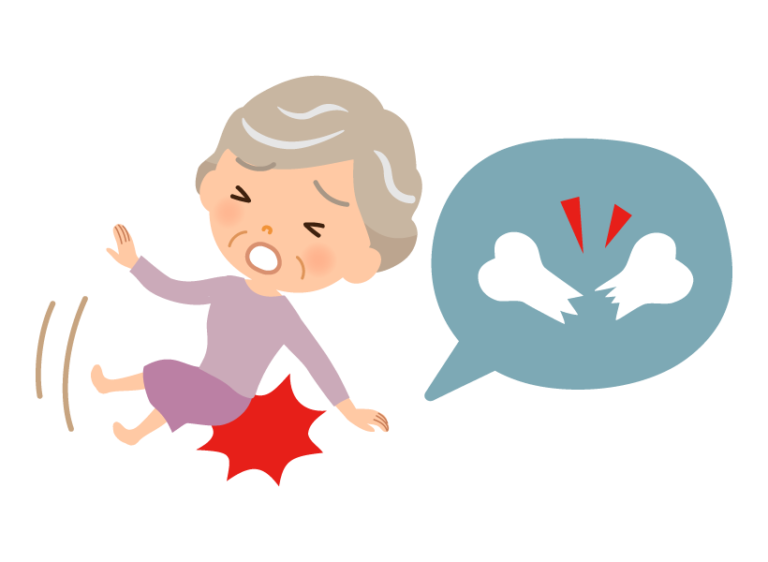 転倒して骨折してしまった高齢女性のイラストです。