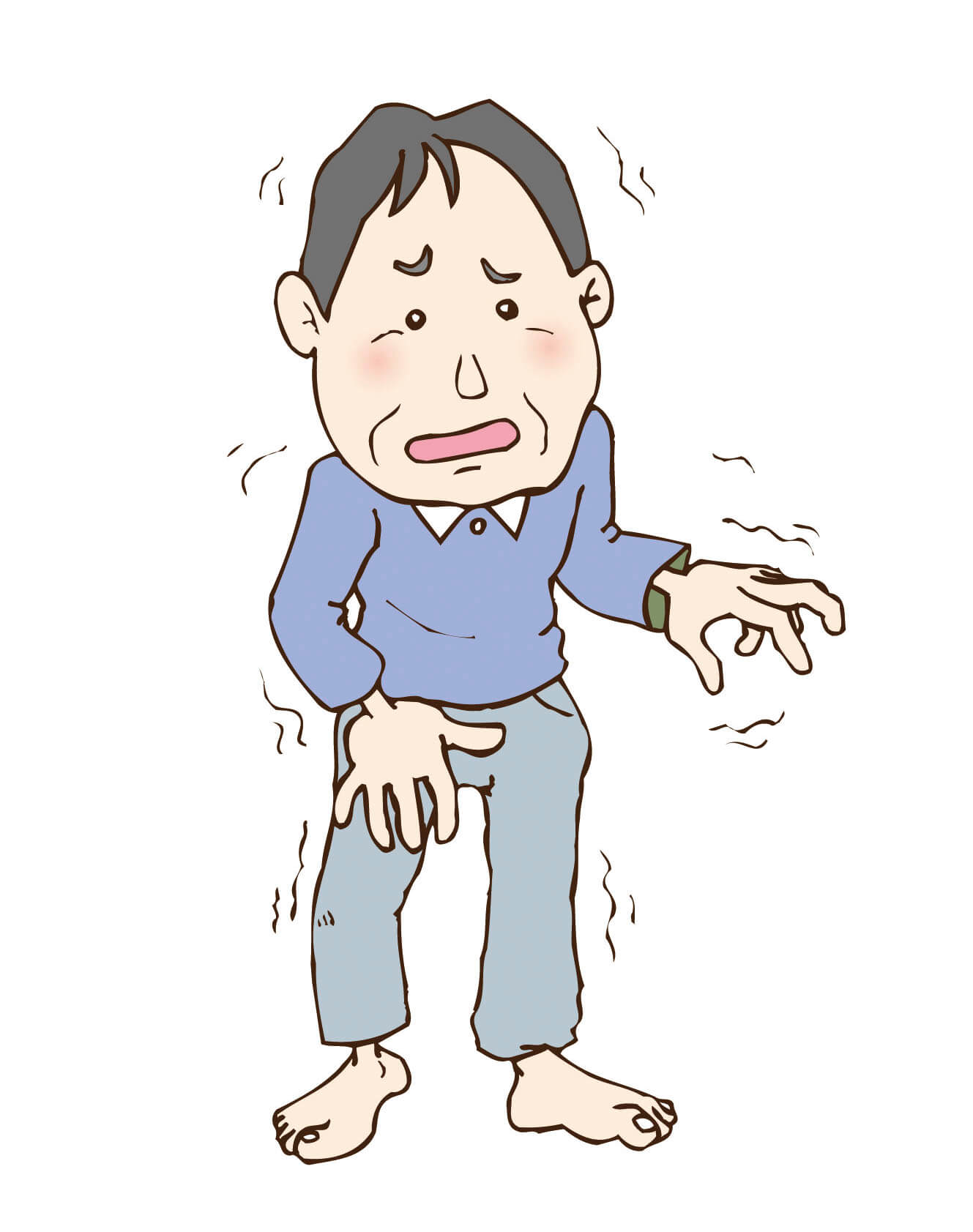 脳の損傷で使わない筋肉が夜をくなり不安定になってふらついている高齢男性のイラストです。