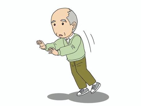 パーキンソン病で歩行が不安定になり転倒しそうな高齢男性のイラストです。