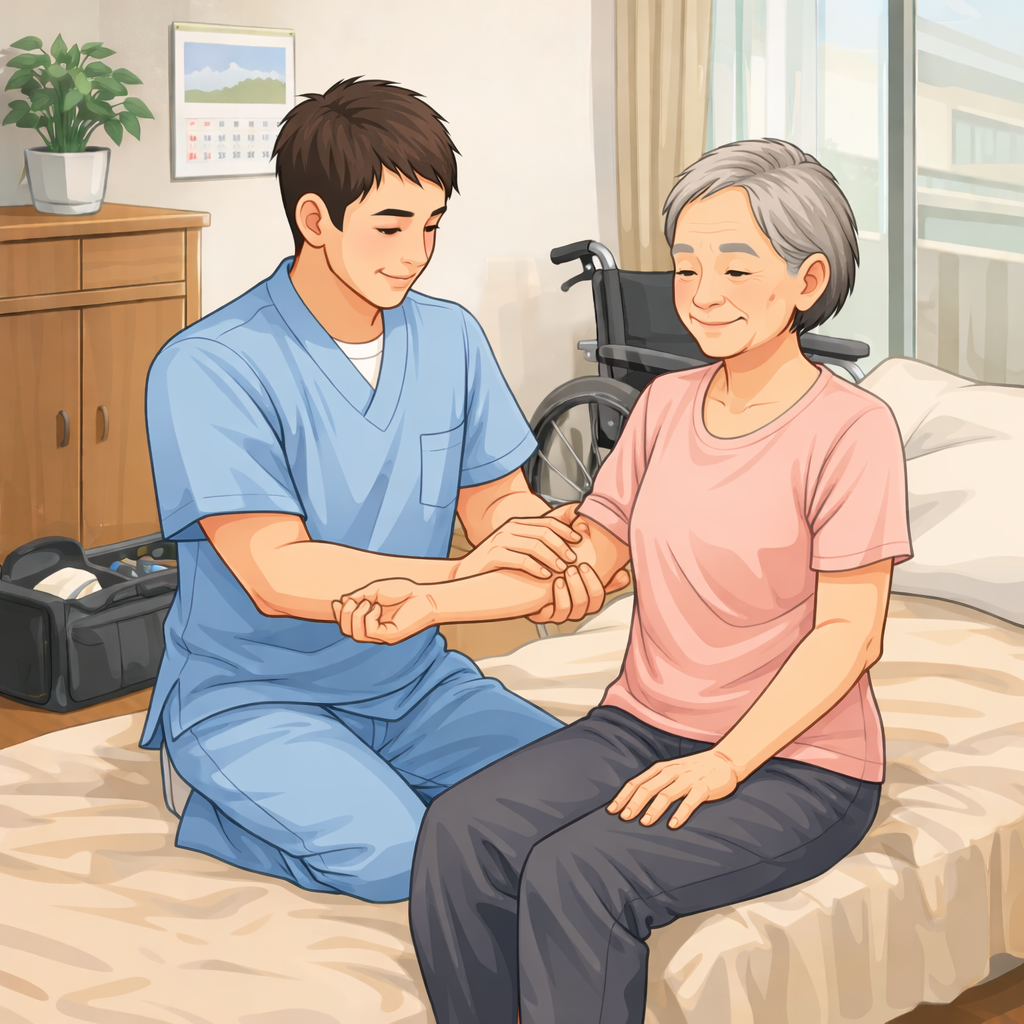 脳梗塞やパーキンソン病の方に訪問マッサージを行う施術者のイメージ