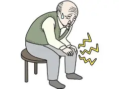 変形性膝関節症で膝が痛くて椅子に座っていますが痛みが治まらない高齢男性のイラストです