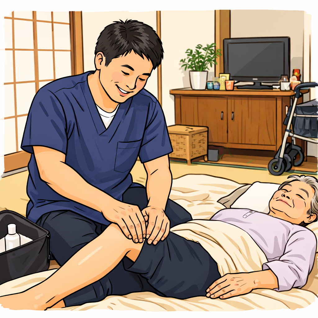 ご自宅で訪問マッサージを受ける高齢者のイラスト