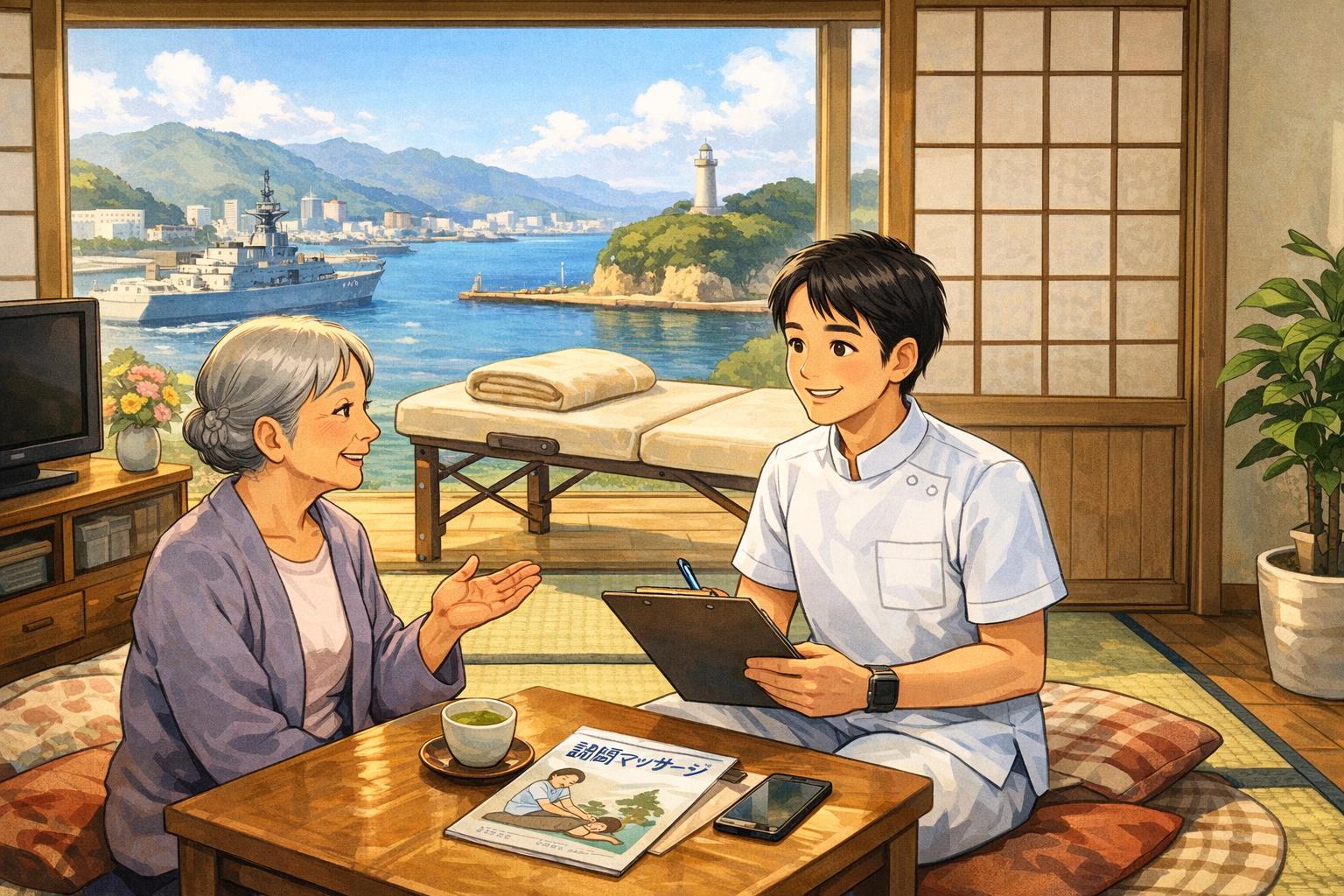 横須賀市で訪問マッサージの相談をするイメージイラスト