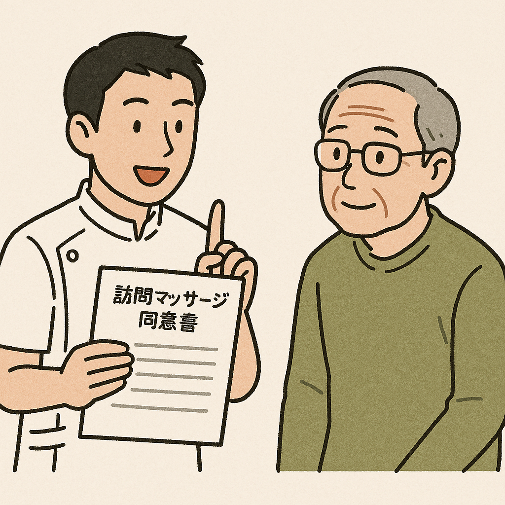 マッサージ師が患者に説明を行っている訪問マッサージ同意書のイメージ