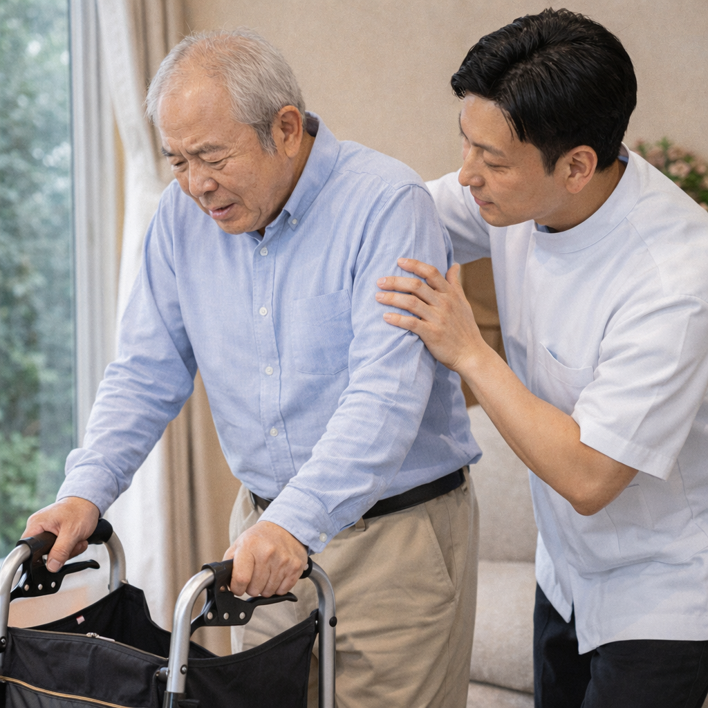 脊柱管狭窄症で歩行がつらい方に訪問マッサージを行う施術者のイメージ