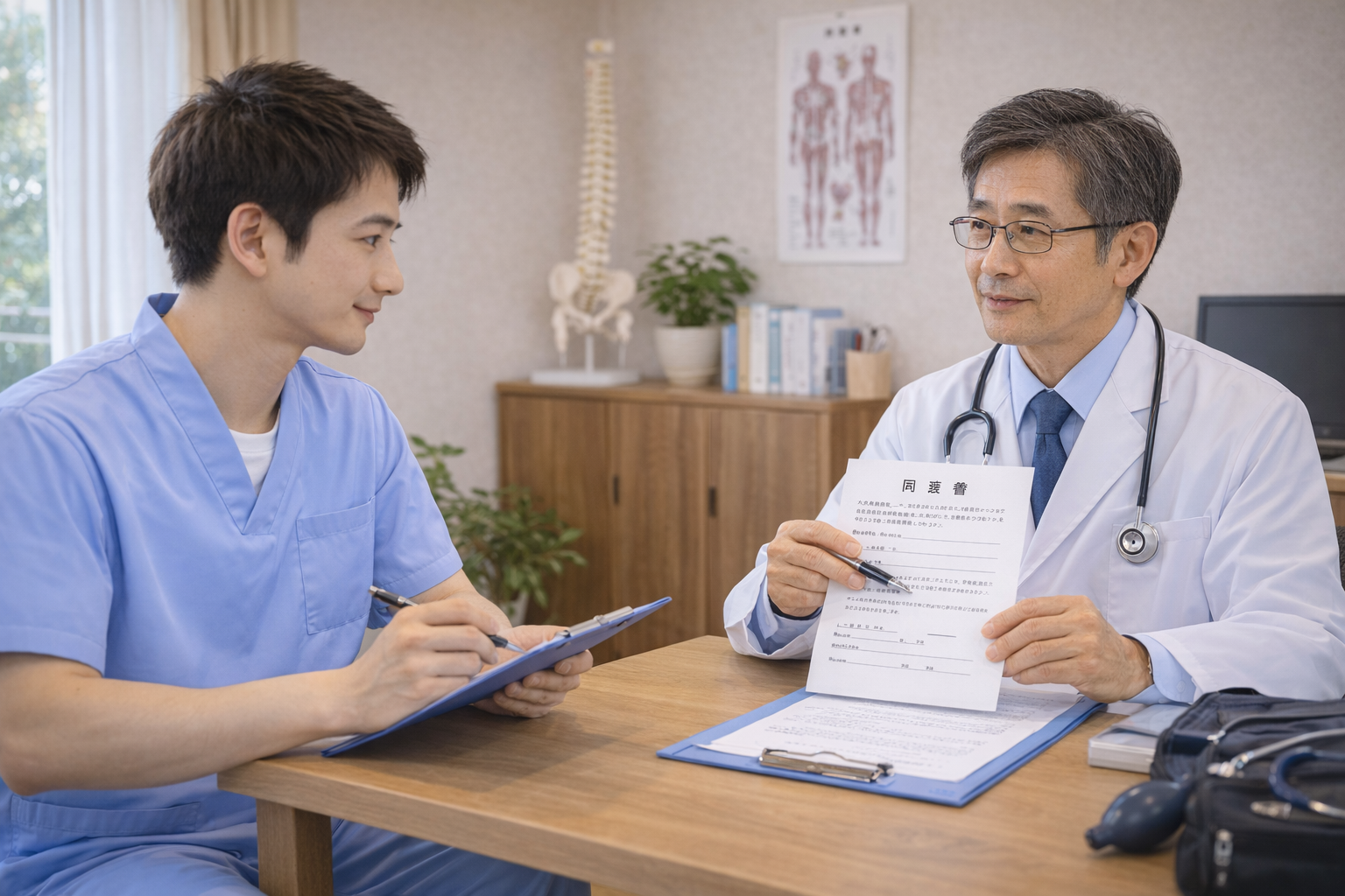 医師に訪問マッサージの同意書について相談するイメージ