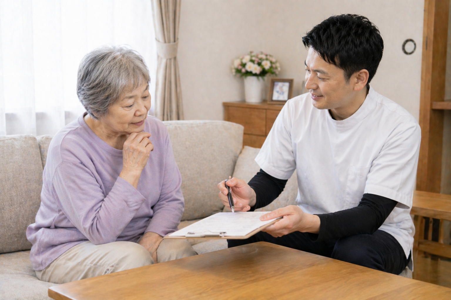 外出が難しい方が訪問マッサージの利用について相談するイメージ