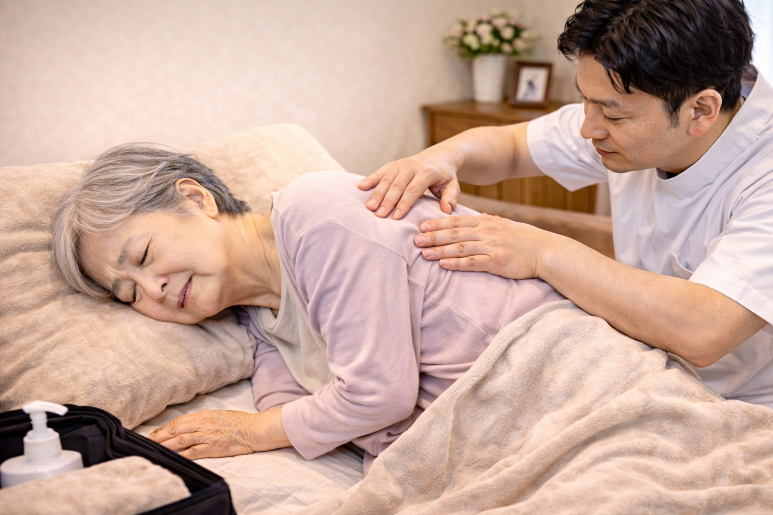 歩けなくなってきた方に訪問マッサージ施術を行うイメージ