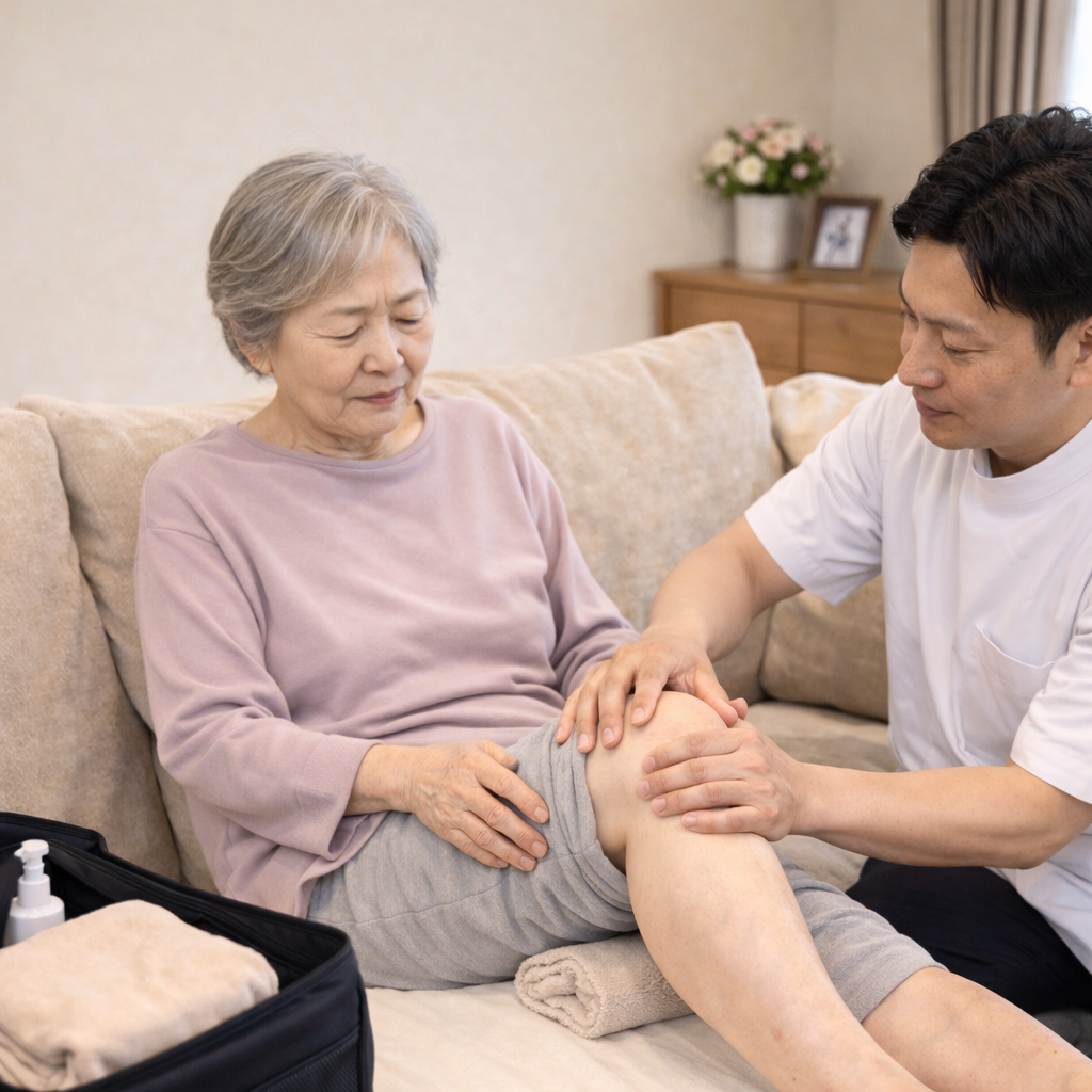 変形性膝関節症で歩行がつらい方に訪問マッサージを行う施術者のイメージ