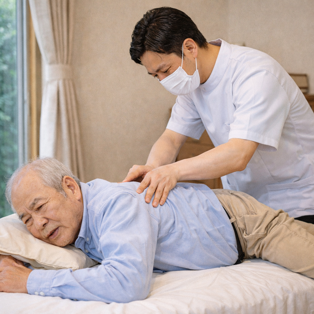 廃用症候群で歩行が不安な方に訪問マッサージを行う施術者のイメージ