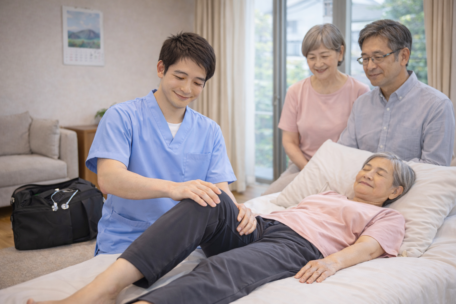 寝たきりに近い状態の方とご家族に寄り添う訪問マッサージのイメージ