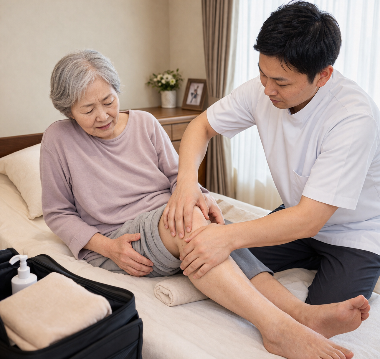変形性膝関節症の方に訪問マッサージ施術を行うイメージ