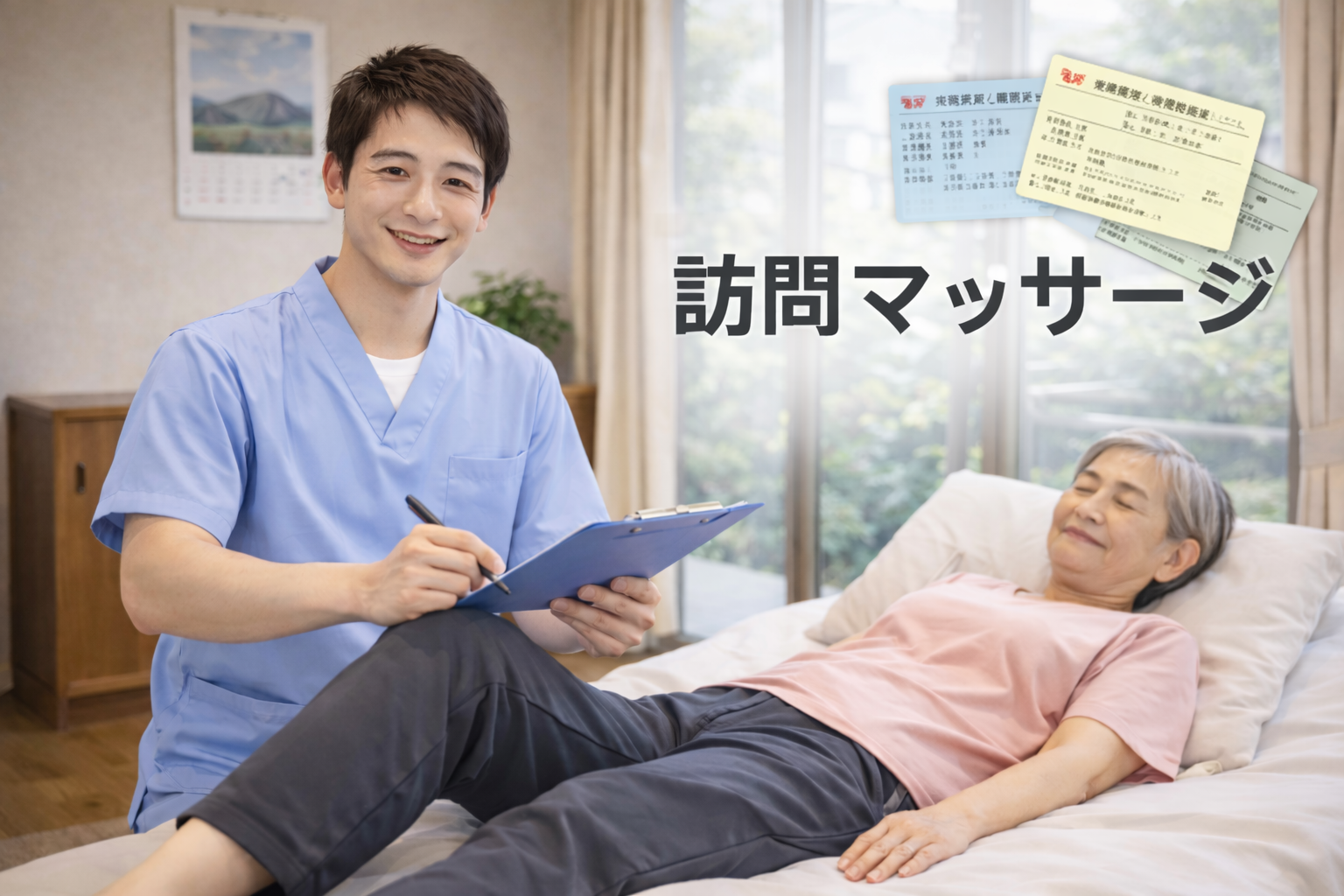 寝たきりに近い状態の方に訪問マッサージ施術を行うイメージ