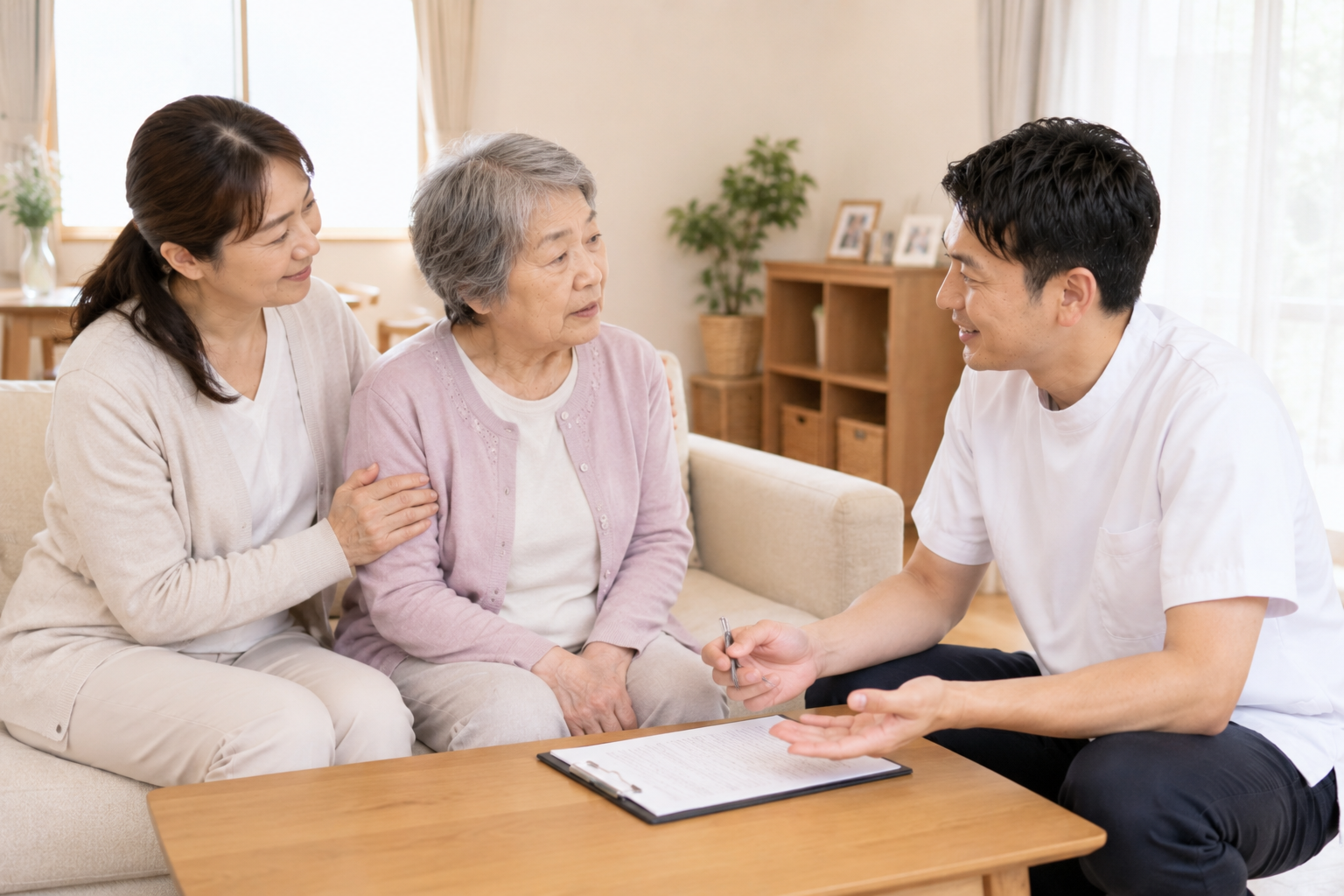 外に出る回数が減ってきた方が訪問マッサージの利用について相談するイメージ