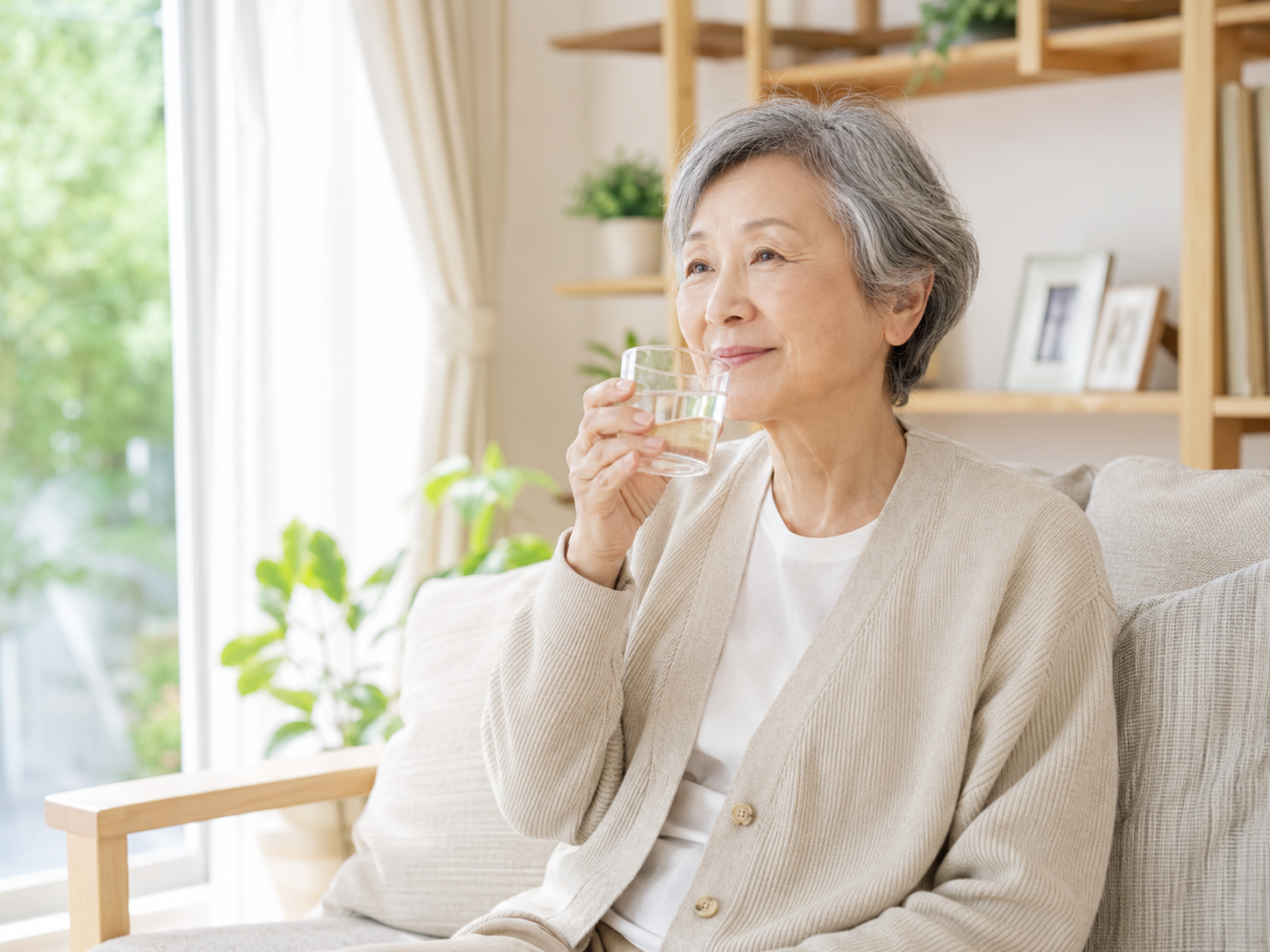 高齢者が元気に過ごすために水分をこまめにとっている様子