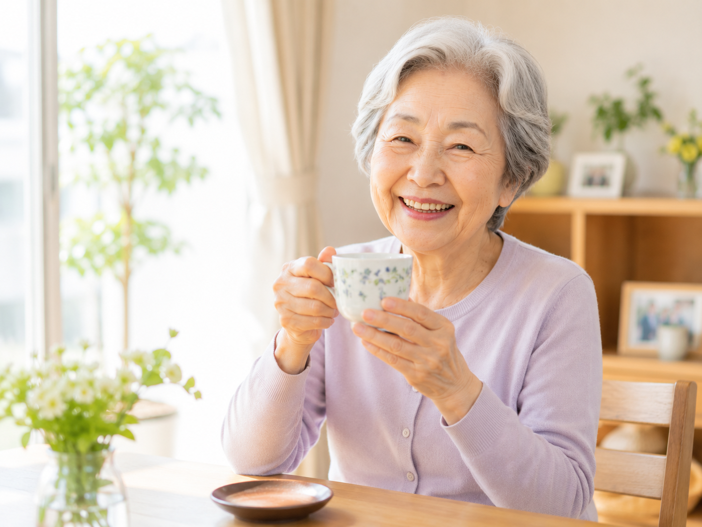 高齢者が夕方から夜にかけて落ち着いて過ごしている様子
