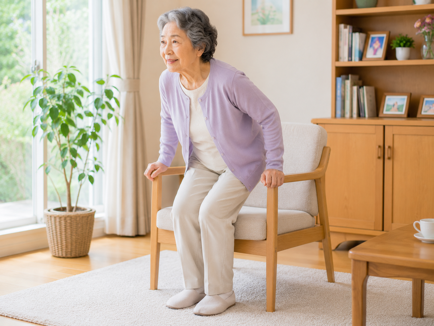 高齢者が椅子からゆっくり立ち上がり足腰を使っている様子
