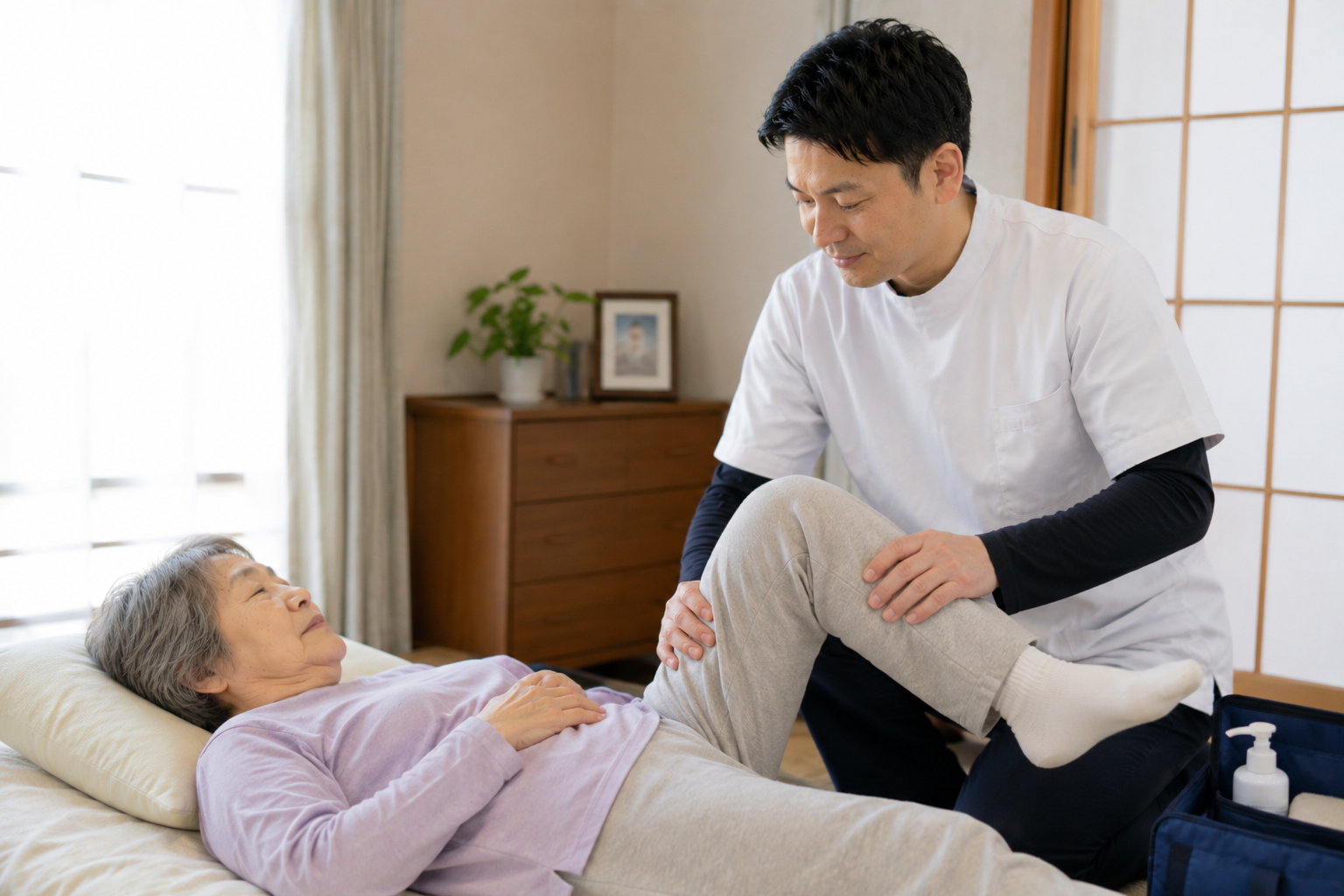 立ち上がるのが大変になってきた方に訪問マッサージ施術を行うイメージ