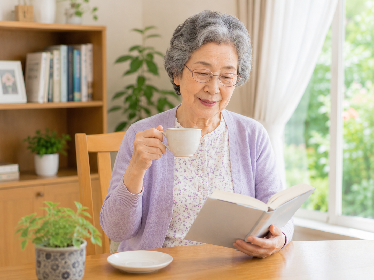高齢者が家の中で趣味や楽しみを持って明るく過ごしている様子