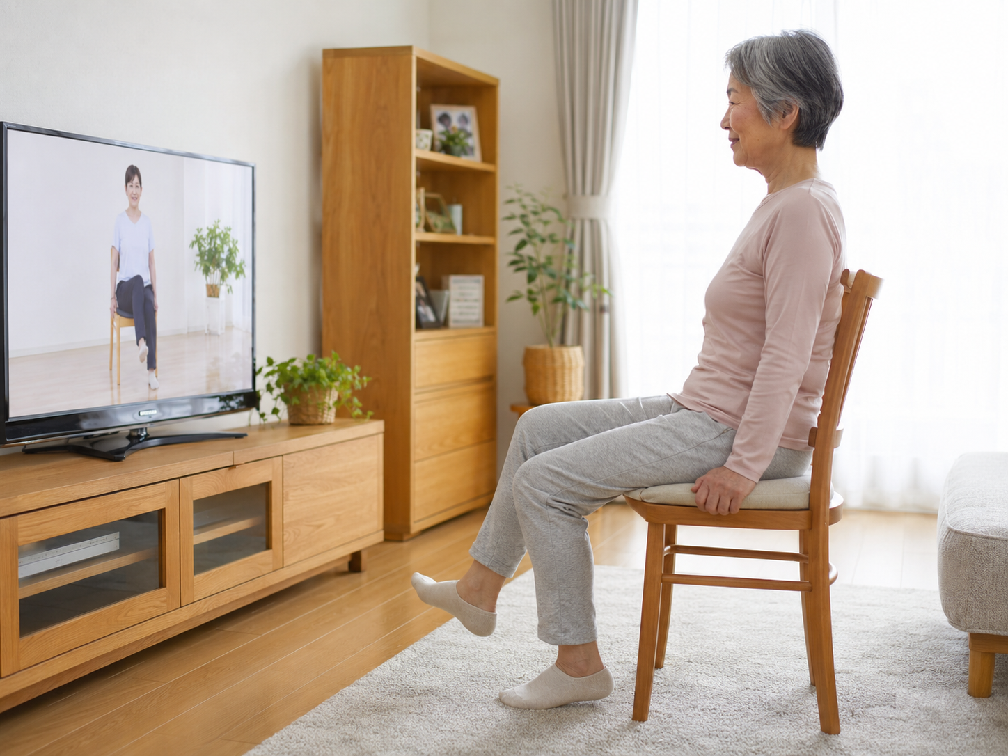 高齢者が椅子に座って足首を無理なく動かしている様子