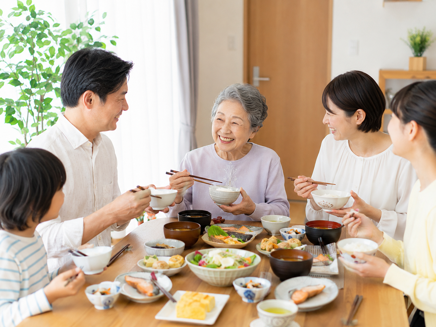高齢者が食事を楽しみながら明るく過ごしている様子