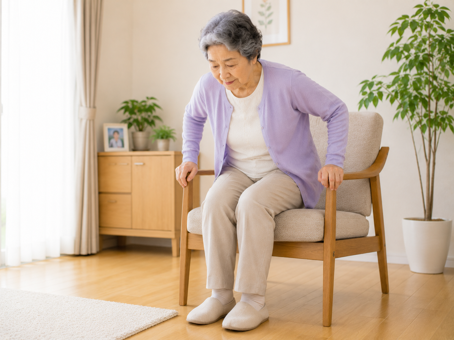 高齢者が椅子から立ち上がる前に足を床につけて準備している様子