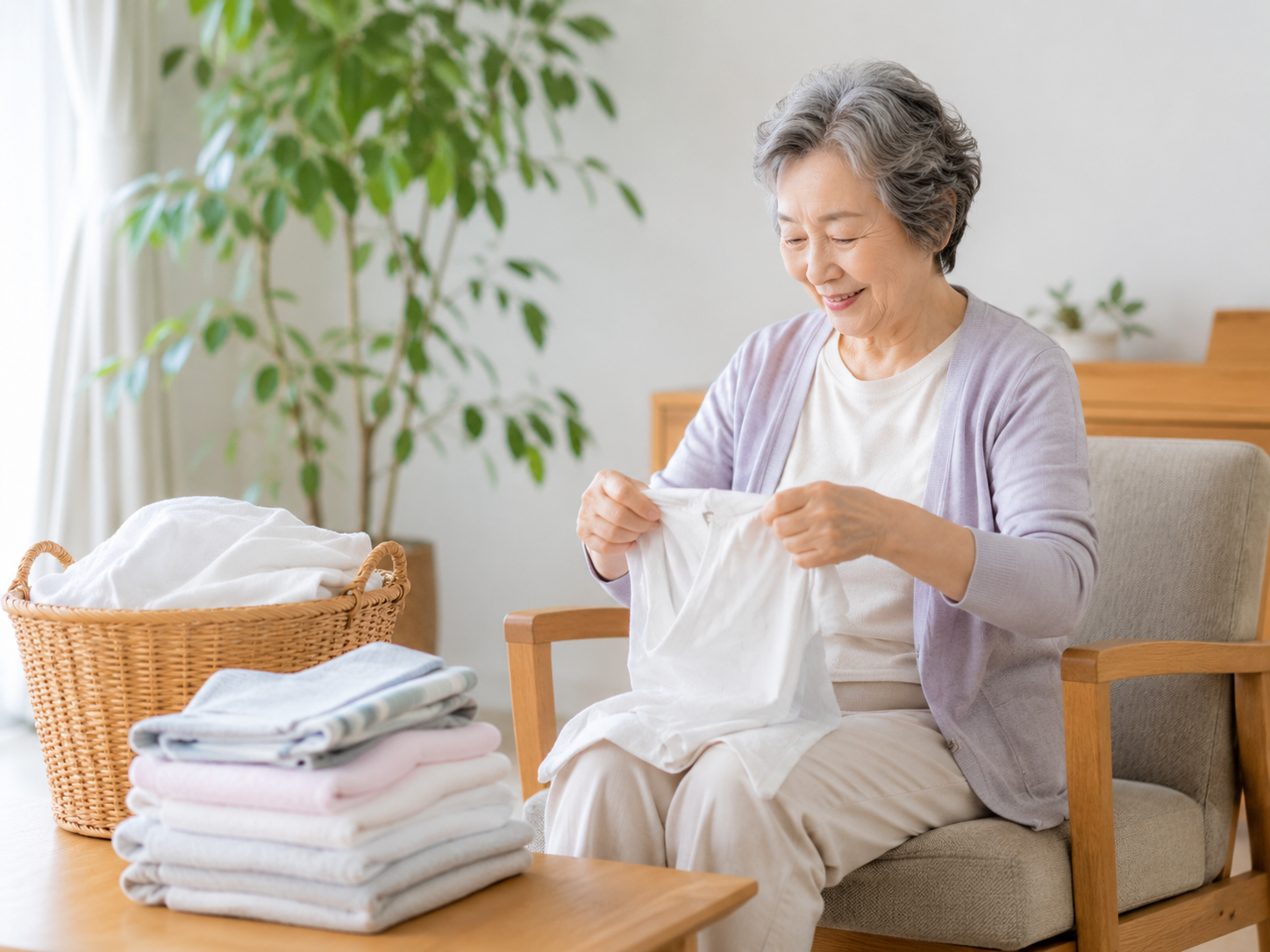高齢者が椅子に座って洗濯物をたたみながら手を動かしている様子