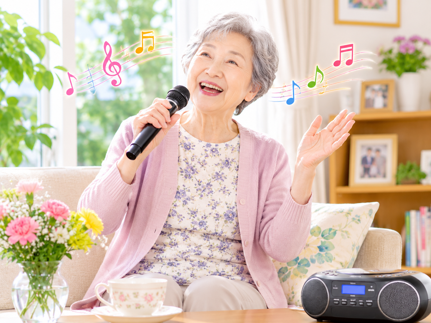 高齢者が朝に好きな音楽を聴いて明るく一日を始める様子