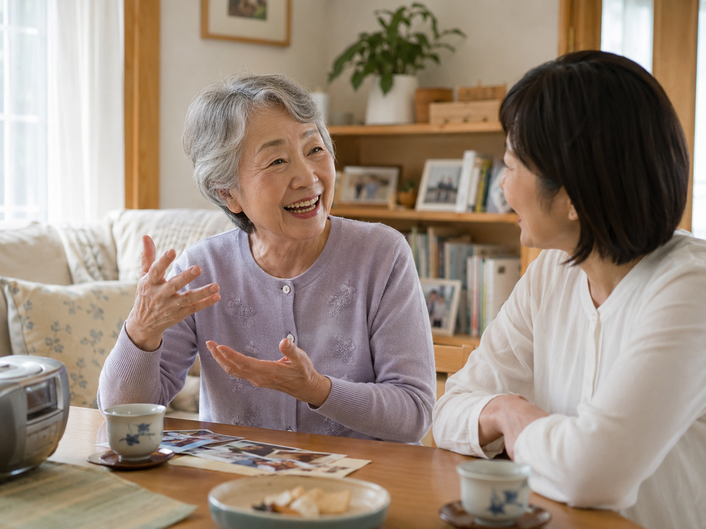 高齢者が家族と思い出の歌について楽しく会話している様子