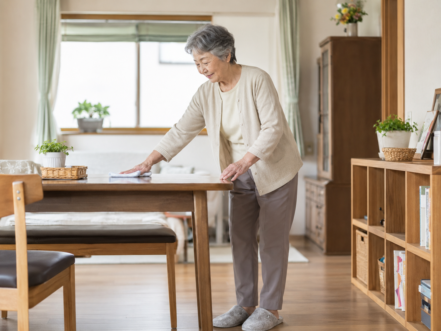 高齢者が無理なく家の中を片づけて体を動かしている様子