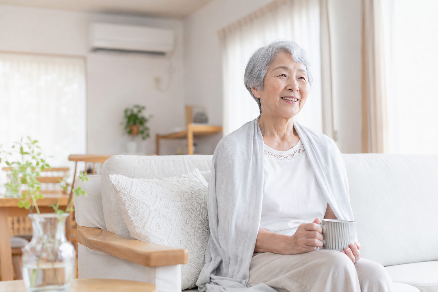高齢者が暑い季節に室内で涼しく安心して過ごしている様子