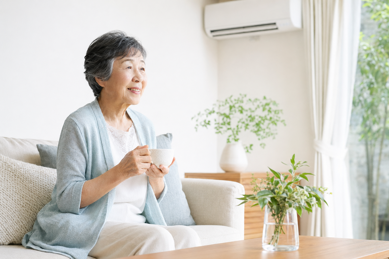 高齢者が暑い季節にのどが渇く前に水分をとっている様子