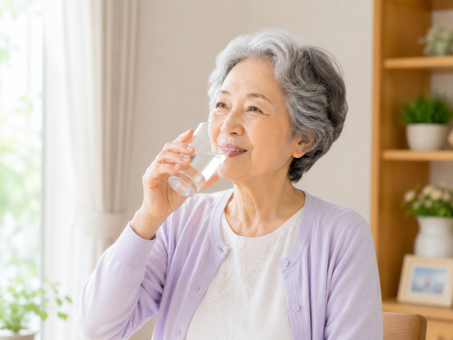 100歳まで元気で明るく健やかに暮らすために水分補給をする高齢者