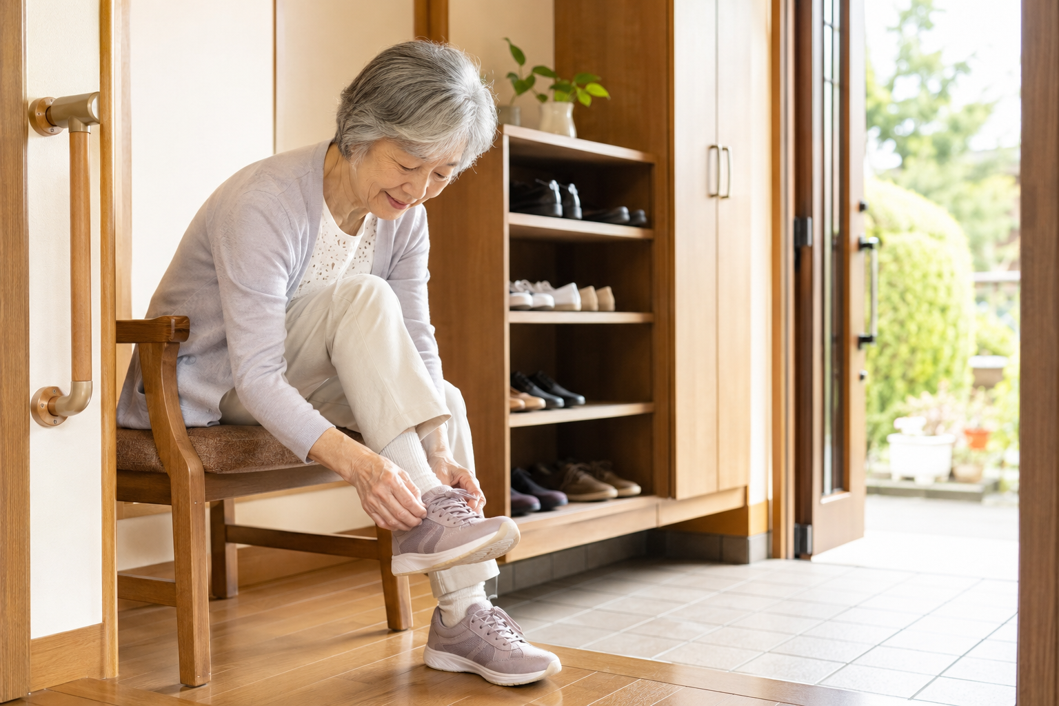 高齢者が無理なく玄関まで行き外出の準備をしている様子