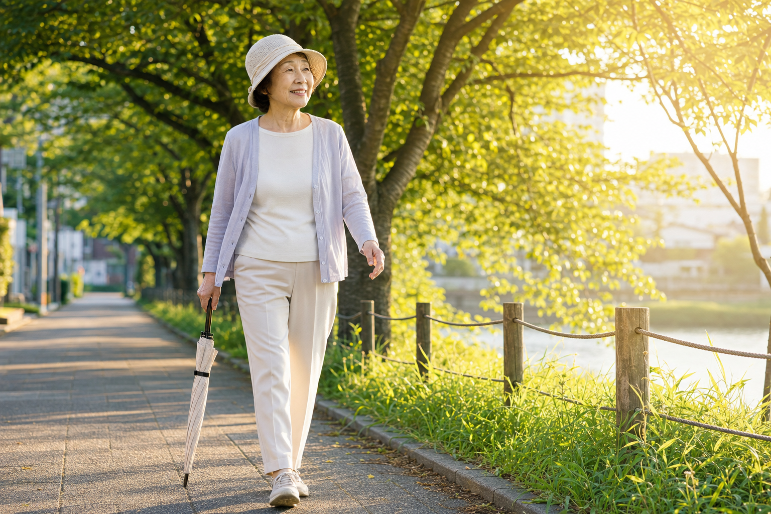 高齢者が暑い時間を避けて無理なく散歩している様子